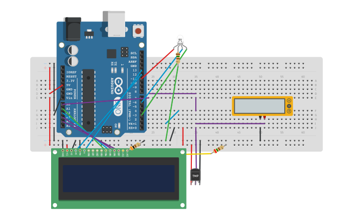 Circuit design Temperatur Messung mit TMP und LCD Anzeige - Tinkercad