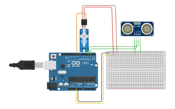 Circuit design ultrasonic with servo - Tinkercad