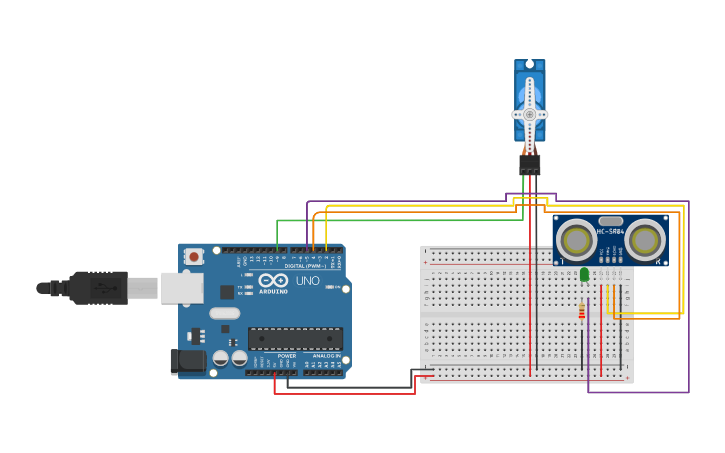 Circuit design ultrasonik dan servo - Tinkercad