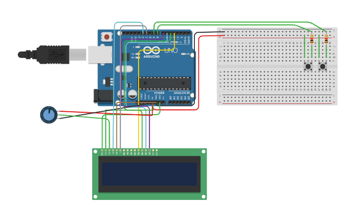 Circuit design Davide Perone-Arduino+LCD+2pulsanti | Tinkercad