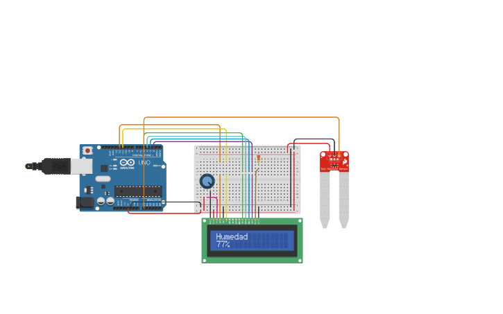 Circuit design sensor de humedad con LCD - Tinkercad