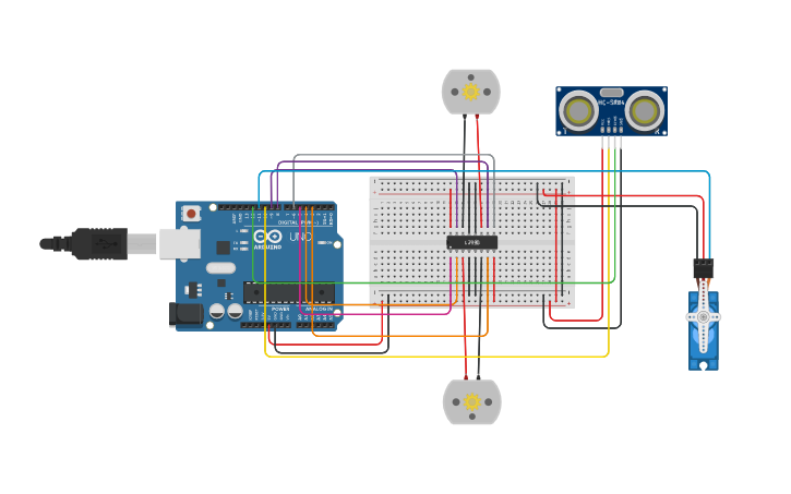 Circuit design dc motors with servo and distance sensor | Tinkercad
