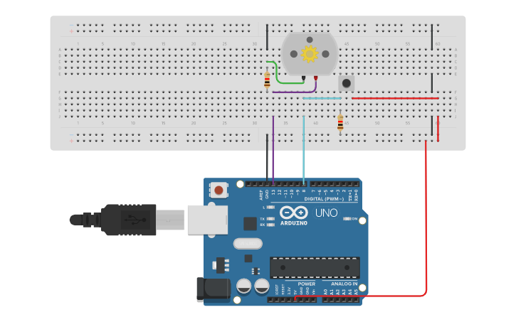 Circuit design Encender y apagar Motor - pulsador con tiempo - Tinkercad