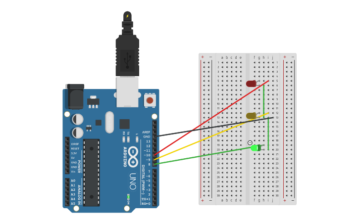 Circuit design Arduino Traffic Light - three colours working | Tinkercad