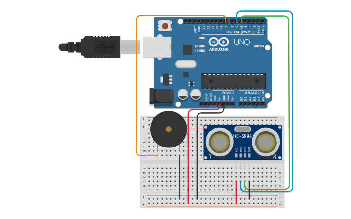 Circuit design alarma con ultrasonico - Tinkercad
