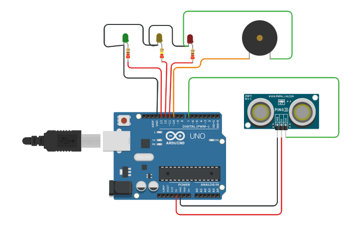 Circuit design DISTANCE,BUZZER,LED - Tinkercad