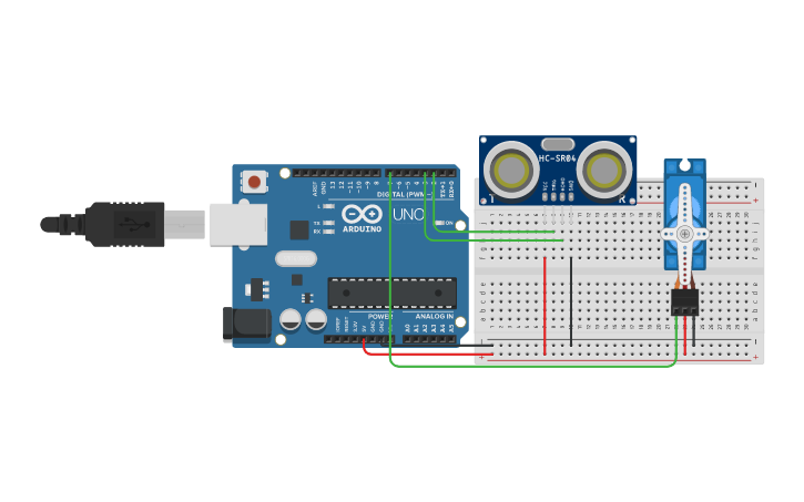 Circuit design ultrasonido con servo - Tinkercad