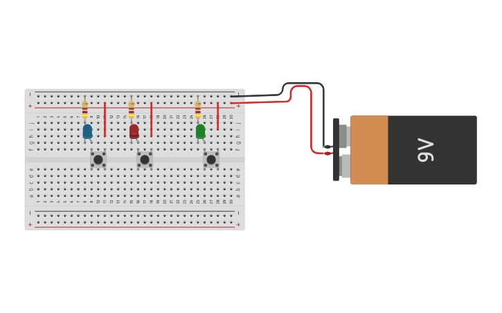 Circuit design circuito de 3 leds y pulsadores | Tinkercad