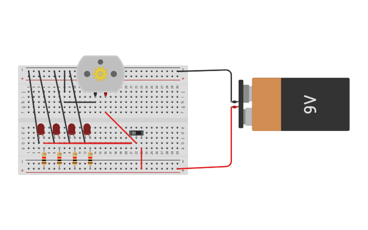 Circuit design circuito con 4 leds y m | Tinkercad