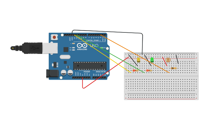 Circuit design encendido y apagado con led y fotoresistencia - Tinkercad