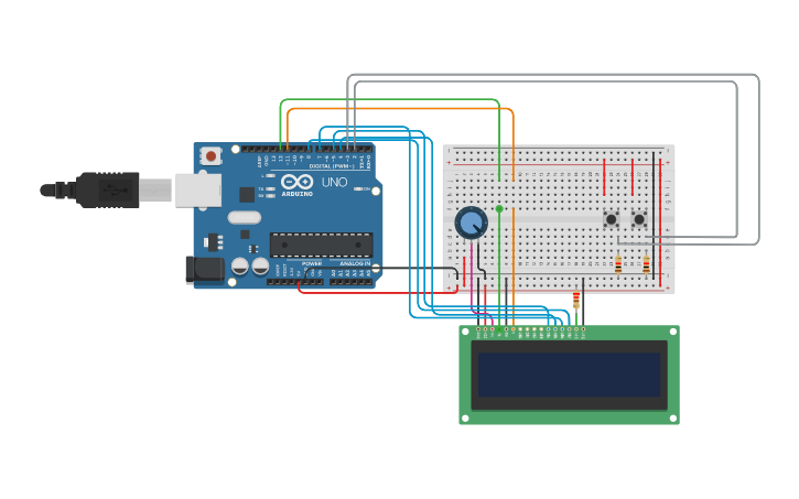 Circuit design LCD PACMAN CON PULS 5 ACTIVD - Tinkercad