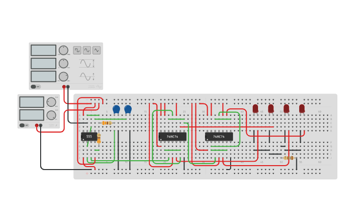 Circuit design 555 timer+ Dual D Flp-Flop - Tinkercad