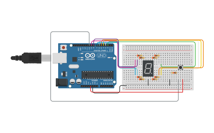 Circuit design LED 7 Segmentos com Botão - Tinkercad