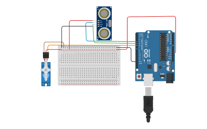 Circuit design Servo motor - Sensor Ultrassônico - Tinkercad