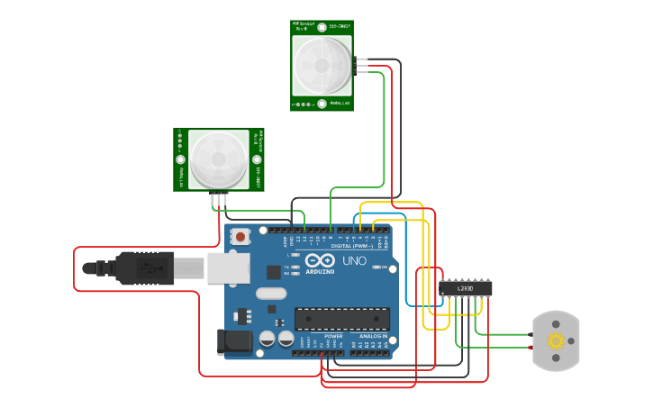 Circuit design DC motor and PIR sensor | Tinkercad