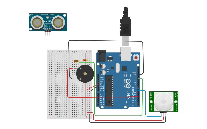 Circuit design sensor movimiento sonido y luz | Tinkercad