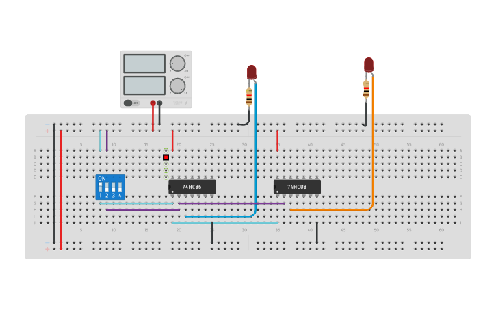Circuit design Half adder using basic gates | Tinkercad