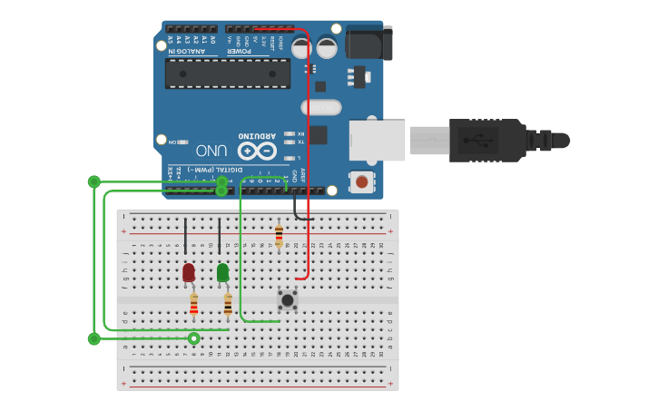 Circuit design button and two LEDs - Tinkercad