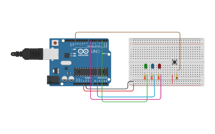 Circuit design accensione led sequenziale - Tinkercad