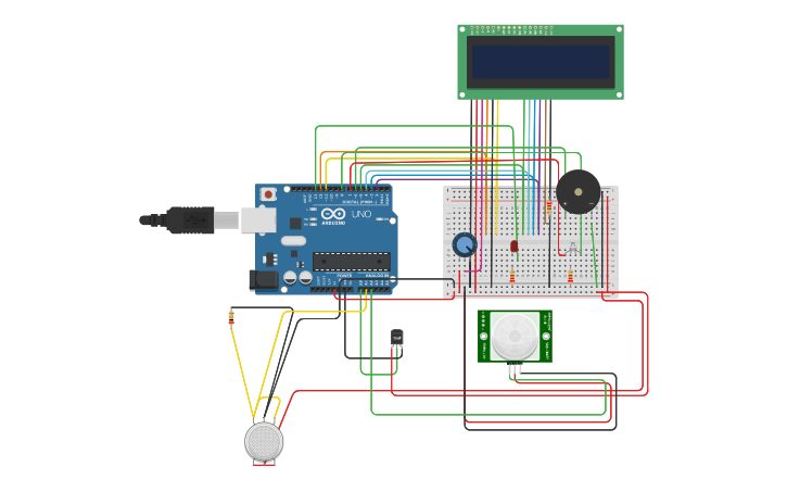 Circuit design alarm kebakaran menggunakan interupsi - Tinkercad