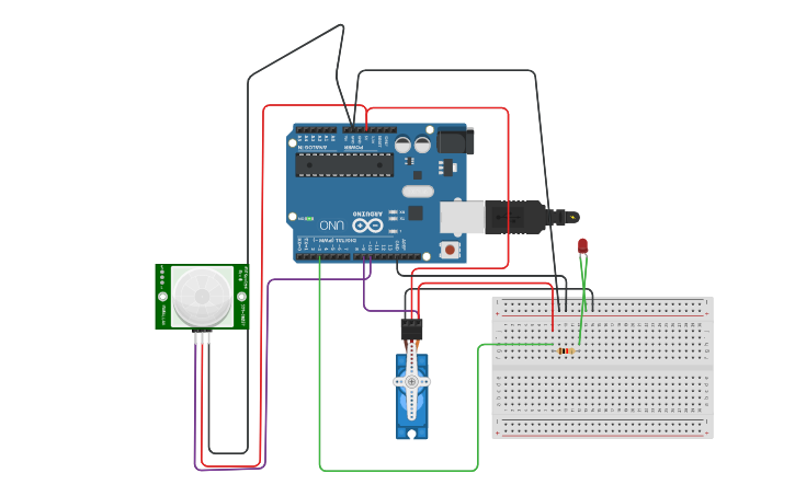 Circuit design sensor pir micro servo - Tinkercad