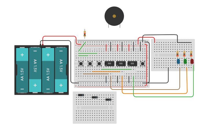 Circuit design Copy of Copy of 3 player button with buzzer | Tinkercad