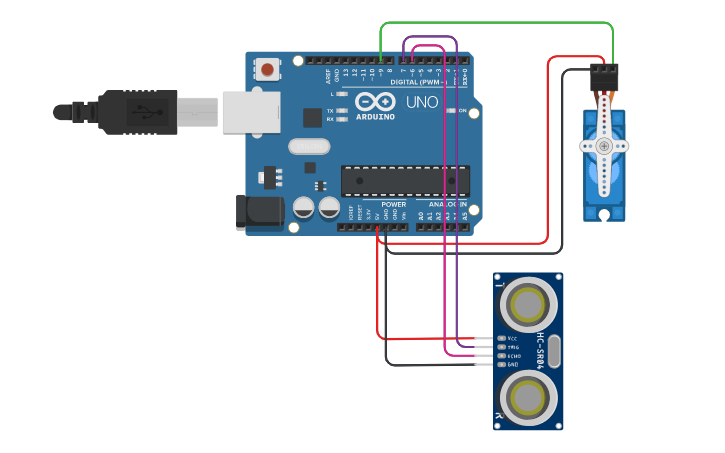 Circuit design Servo Motor using Ultrasonic Sensor - Tinkercad