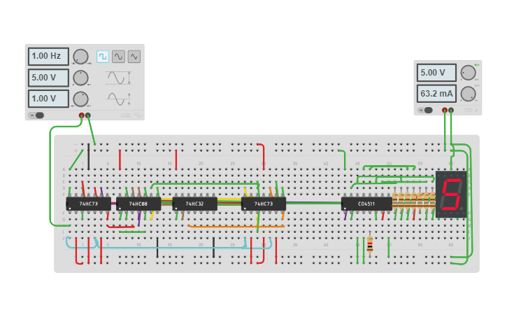 Circuit design 7 segmentos FlipFlop secuencial - Tinkercad