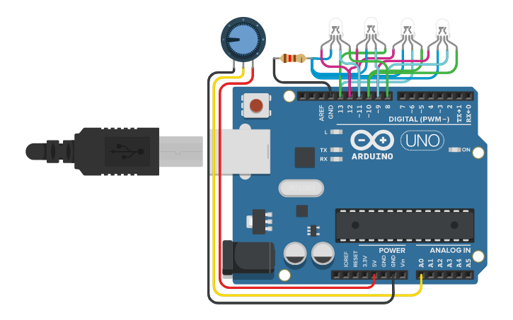 Circuit design C++ led led led led - Tinkercad