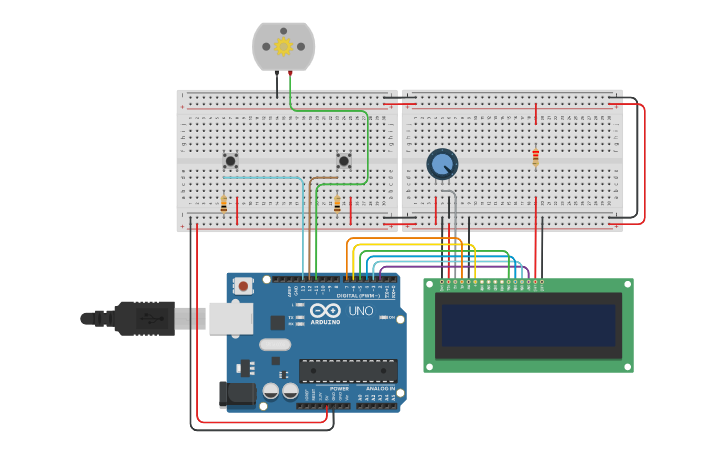Circuit design Encender Motor con dos pulsadores y pantalla LED - Tinkercad