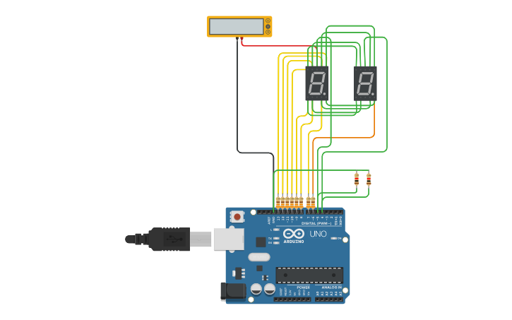 Circuit design Arduino 2x7segment Anode comm - Tinkercad