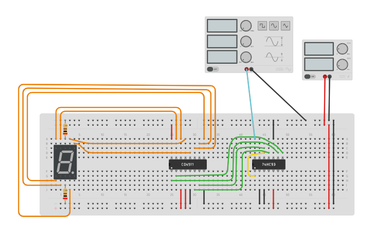 Decoder Counter Circuit design Displays Catode 7 segments +decoder + counter - Tinkercad
