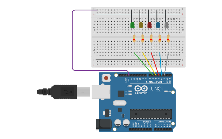 Circuit design actividad bombillos led - Tinkercad