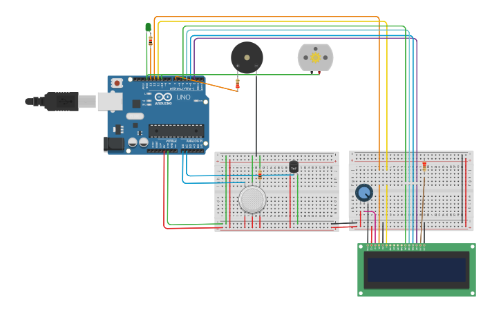 Circuit design Gas and temp sensor with LCD, motor and LED | Tinkercad