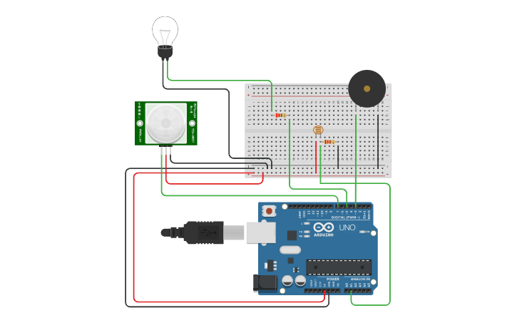 Circuit design Automated light system with security Alarm - Tinkercad