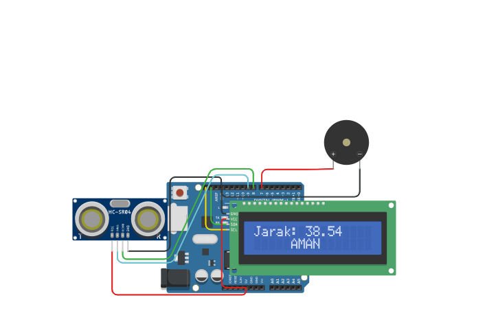 Circuit design Sensor Mobil Ultrasonik dengan LCD I2C 16x2 - Tinkercad
