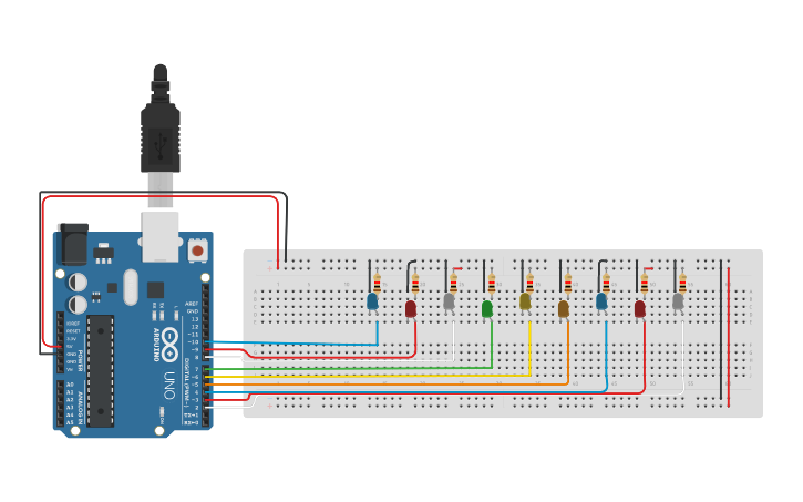 Circuit design Christmas dual led chaser light | Tinkercad
