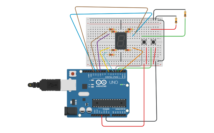 Circuit design Afficheur 7 segment - commun cathode - Tinkercad