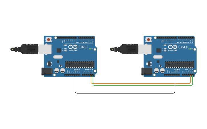 Circuit design I2C between two Arduinos - Tinkercad