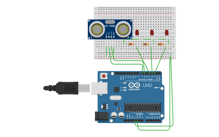 Circuit design CIRCUIT 7(ARDUINO ULTRASONIC DISTANCE SECTOR) | Tinkercad
