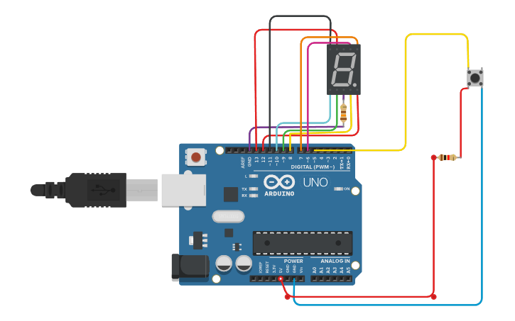 Circuit design 7 segment button - Tinkercad