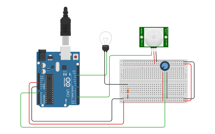 Circuit design Lâmpada acionada por sensor de presença | Tinkercad