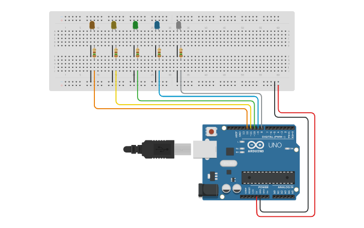 Circuit design 5 LED Arduino - Tinkercad