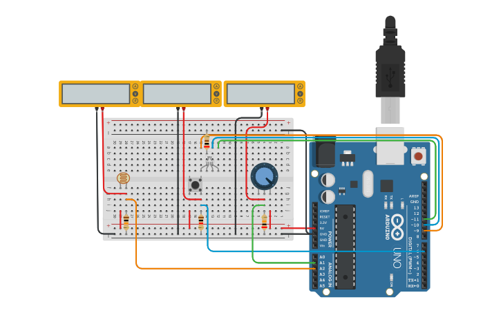 Circuit design 3 sensori e LED RGB - Tinkercad