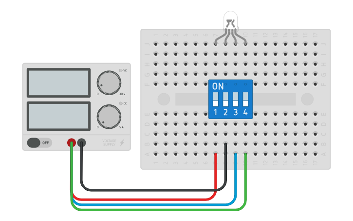 Circuit design Simple RGB LED with dip switch control - Tinkercad