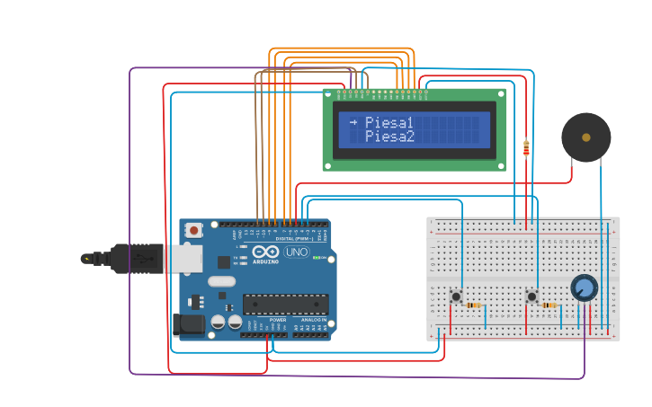 Circuit design song selector with LCD & buzzer - Tinkercad