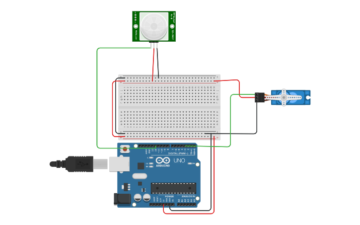 Circuit design Servo + PIR | Tinkercad