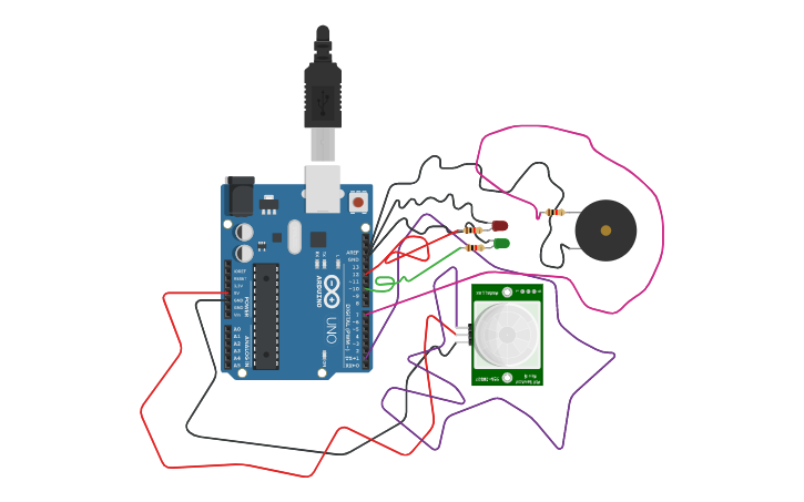 Circuit design Sensor + LED + Sound - Tinkercad
