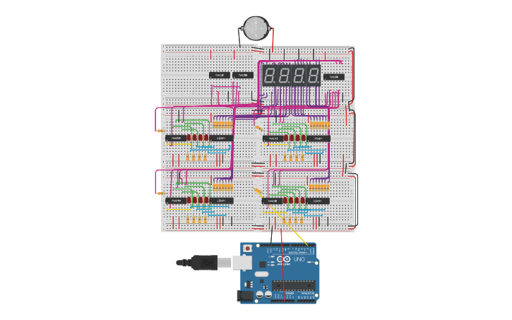 Circuit design Final clock - 24H mode - arduino generated pulse - Tinkercad