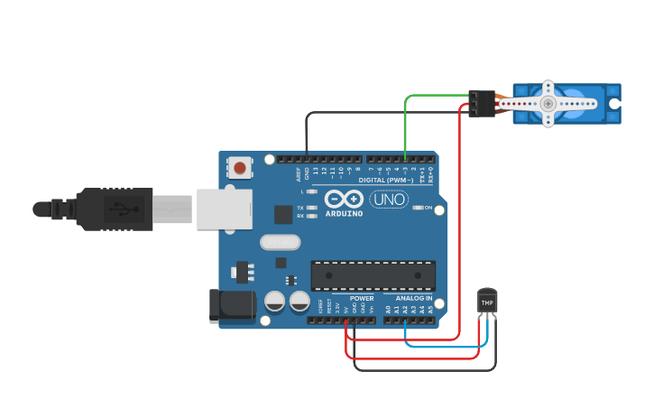 Circuit design ARDUINO SENSOR SUHU AND MICRO SERVO - Tinkercad